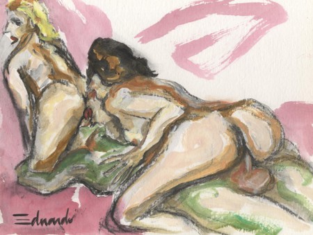 Besando a Eva. Óleo, acrílico y carboncillo sobre papel. 24 x 32 cm.